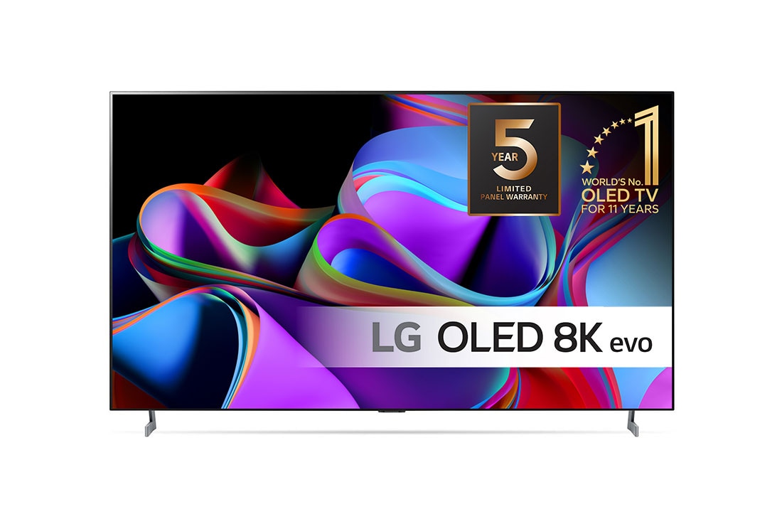 LG 77'' OLED evo Z3 - 8K TV (2023), Etunäkymässä LG OLED 8K evo, 11 Years World No.1 OLED -merkki ja näytössä viiden vuoden paneelitakuun logo, OLED77Z39LA