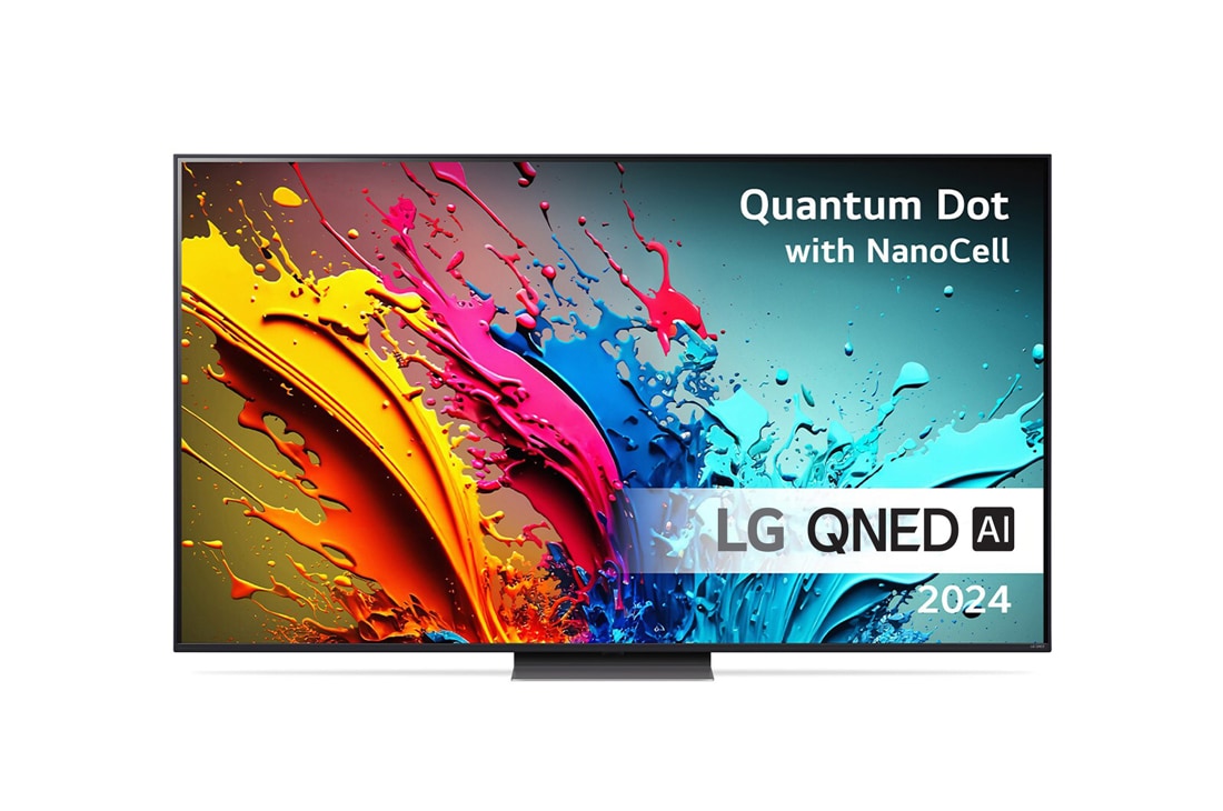 LG 86'' QNED AI 86 - 4K Smart TV (2024), LG QNED TV:n etunäkymä, QNED86 ja teksti LG QNED, Quantum Dot ja NanoCell sekä 2024 näytöllä, 86QNED86T6A