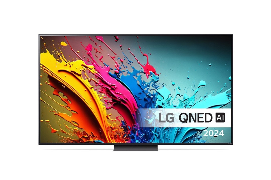 LG 86'' QNED AI 86 - 4K Smart TV (2024), LG QNED TV:n etunäkymä, QNED86 ja teksti LG QNED, Quantum Dot ja NanoCell sekä 2024 näytöllä, 86QNED86T6A