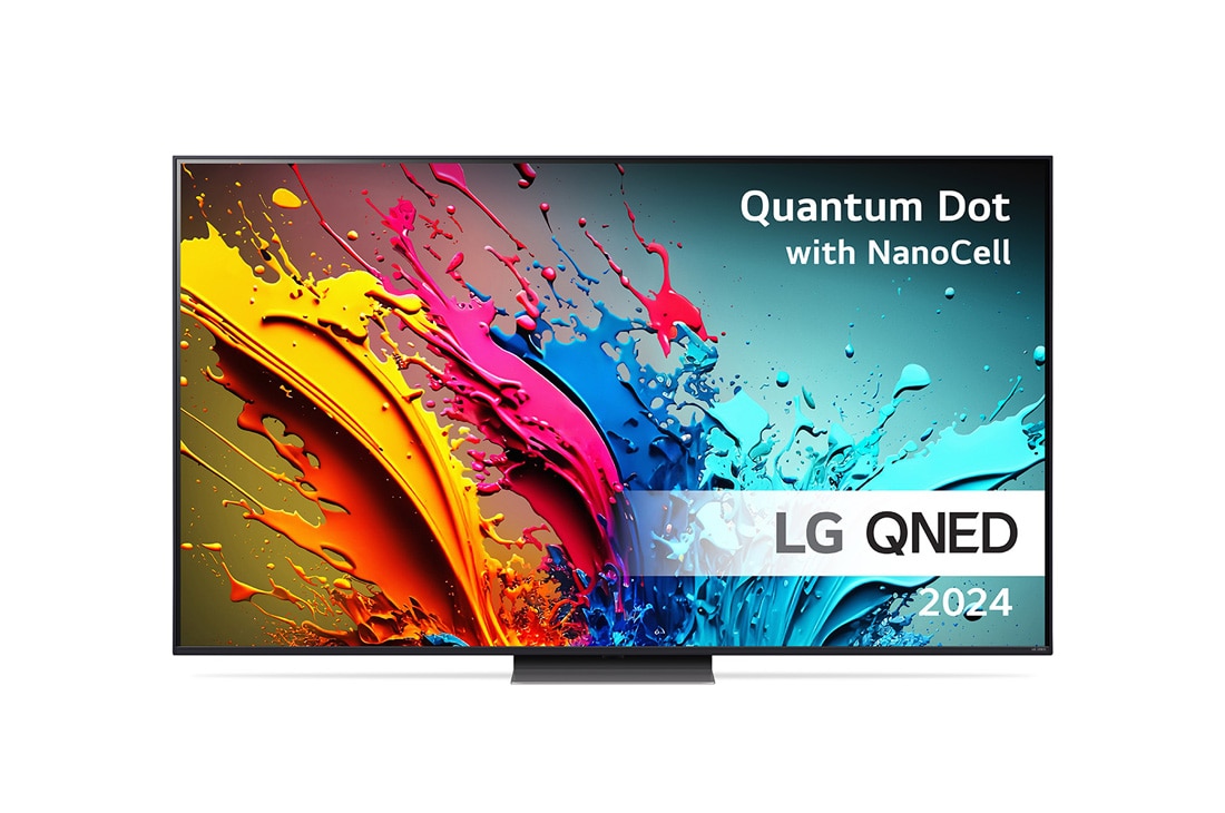 LG 75'' QNED 86 - 4K Smart TV (2024), LG QNED TV:n etunäkymä, QNED86 ja teksti LG QNED, Quantum Dot ja NanoCell sekä 2024 näytöllä, 75QNED86T6A