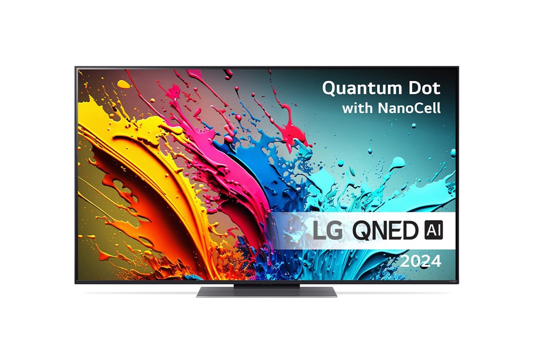 LG 55'' QNED AI 86 - 4K Smart TV (2024), LG QNED TV:n etunäkymä, QNED86 ja teksti LG QNED, Quantum Dot ja NanoCell sekä 2024 näytöllä, 55QNED86T6A