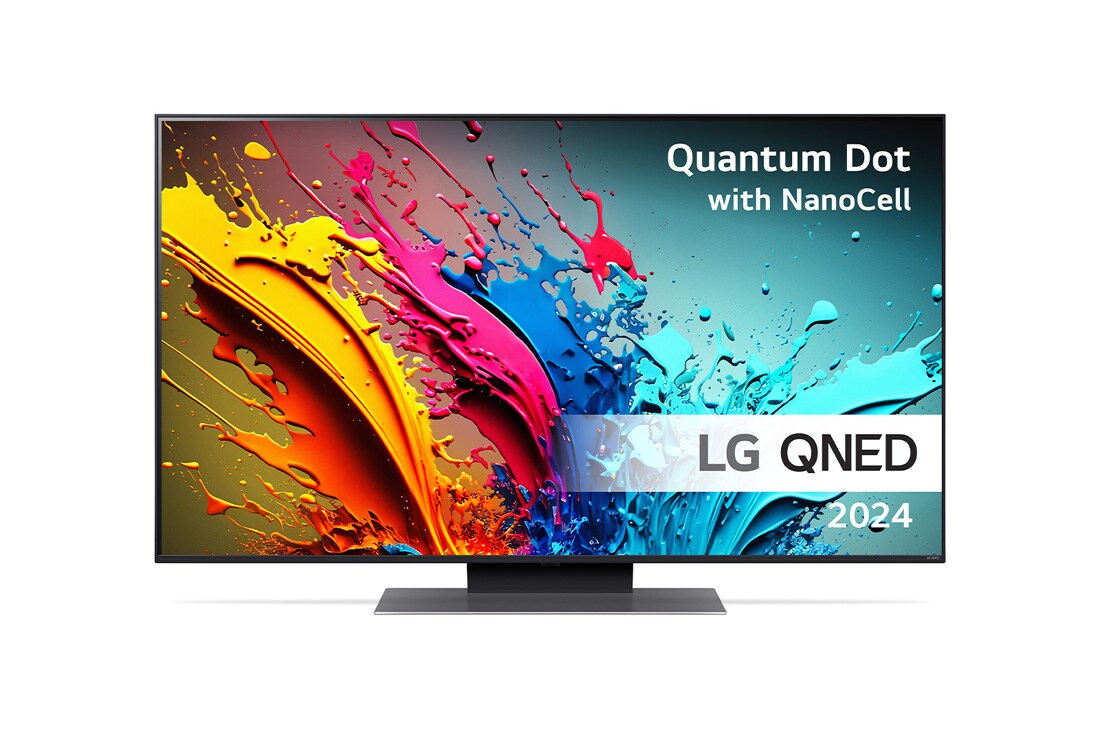 LG 50'' QNED 86 - 4K Smart TV (2024), LG QNED TV:n etunäkymä, QNED86 ja teksti LG QNED, Quantum Dot ja NanoCell sekä 2024 näytöllä, 50QNED86T6A