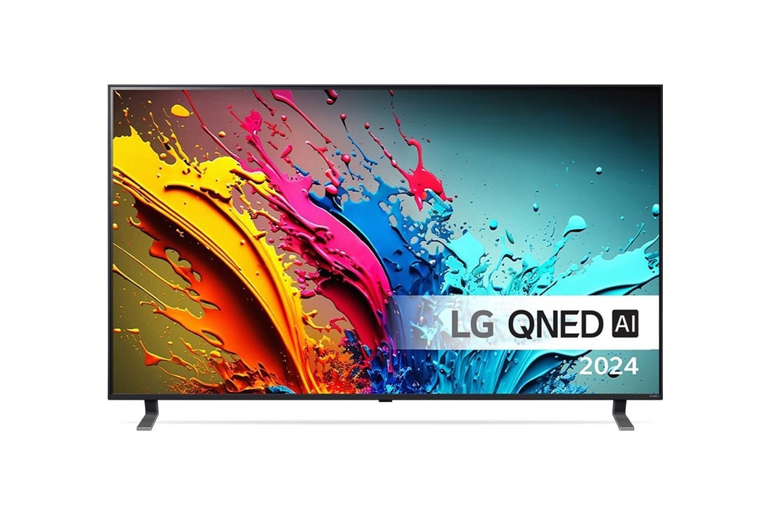 LG 55'' QNED AI 85 - 4K Smart TV (2024), LG QNED TV:n etunäkymä, QNED85 ja teksti LG QNED, Quantum Dot ja NanoCell sekä 2024 näytöllä, 55QNED85T6C