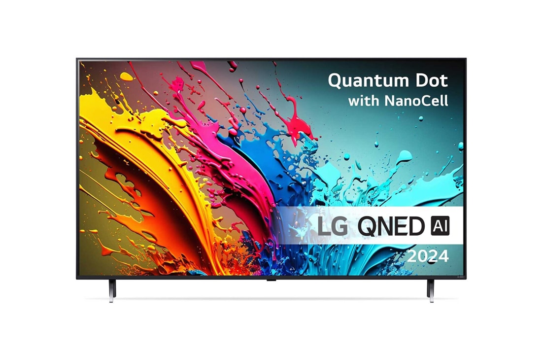 LG 50'' QNED AI 85 - 4K Smart TV (2024), LG QNED TV, QNED85 sett forfra med tekst fra LG QNED, Quantum Dot med NanoCell og 2024 på skjermen, 50QNED85T6A