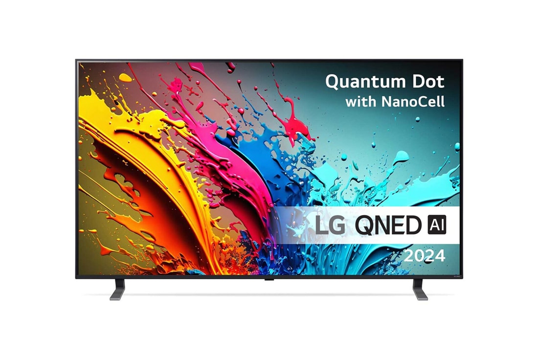 LG 65'' QNED AI 85 - 4K Smart TV (2024), LG QNED TV:n etunäkymä, QNED85 ja teksti LG QNED, Quantum Dot ja NanoCell sekä 2024 näytöllä, 65QNED85T6C