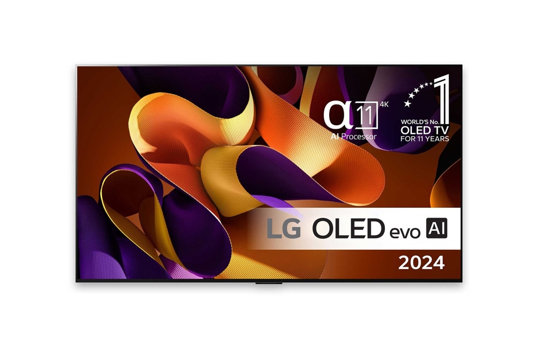 LG 97'' OLED evo AI G4 - 4K TV (2024), Edestäpäin katsottuna LG OLED evo TV, OLED G4, 11 Years of world number 1 OLED Emblem ja alpha 11 4K AI -prosessorin logo., OLED97G45LW