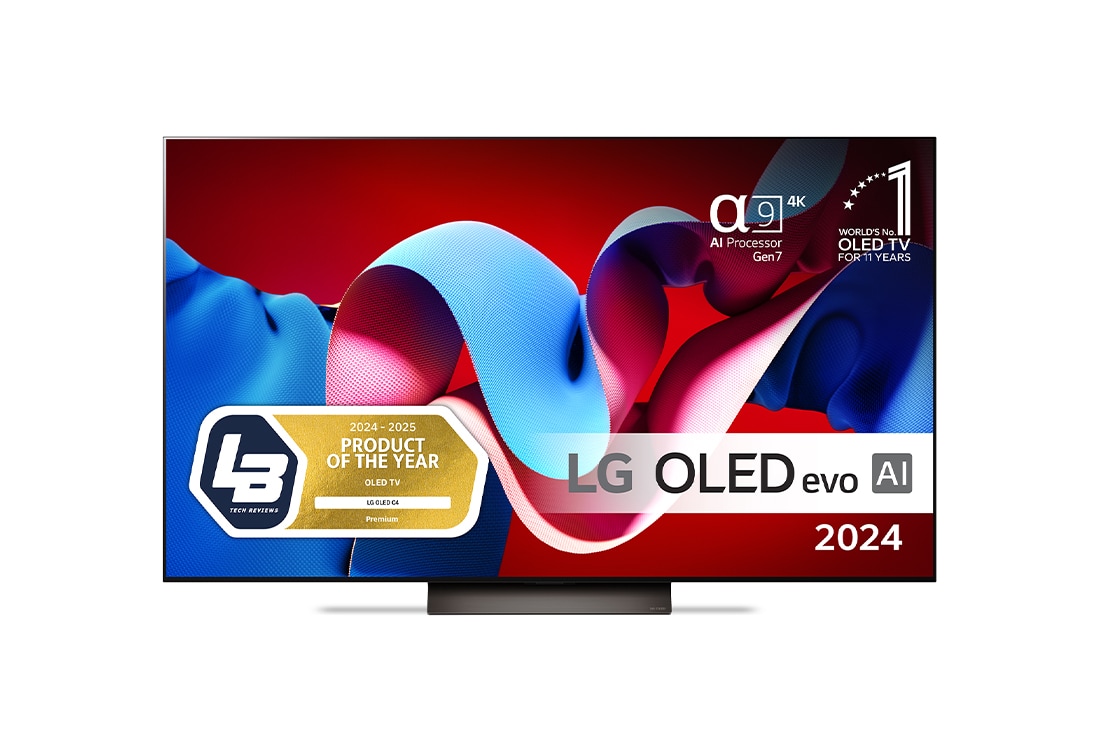 LG 65'' OLED evo AI C4 - 4K TV (2024), Edestäpäin katsottuna LG OLED evo TV, OLED C4, 11 Years of World Number 1 OLED Emblem ja alpha 9 4K AI processor Gen7 logo., OLED65C44LA