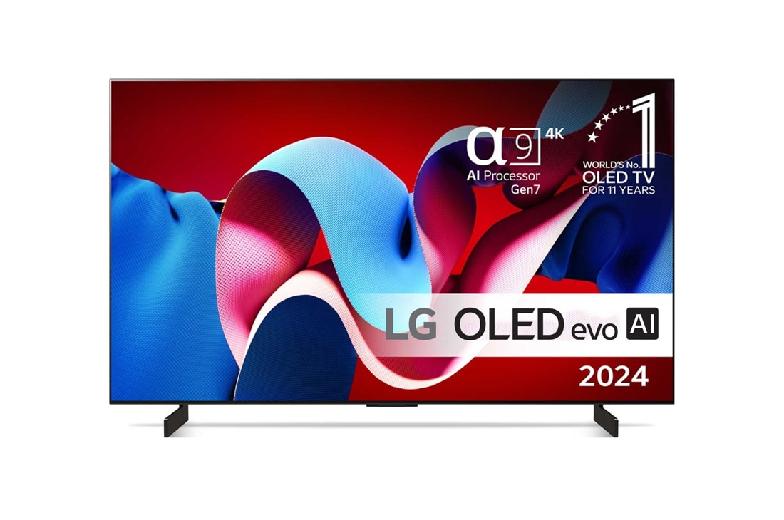 LG 77'' OLED evo AI C4 - 4K TV (2024), Edestäpäin katsottuna LG OLED evo TV, OLED C4, 11 Years of World Number 1 OLED Emblem ja alpha 9 4K AI processor Gen7 logo., OLED77C44LA