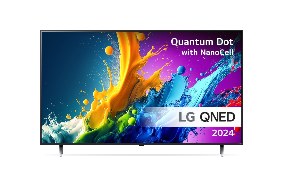 LG 75'' QNED 80 - 4K Smart TV (2024), LG QNED TV:n etunäkymä, QNED80 ja teksti LG QNED, Quantum Dot ja NanoCell sekä 2024 näytöllä, 75QNED80T6A