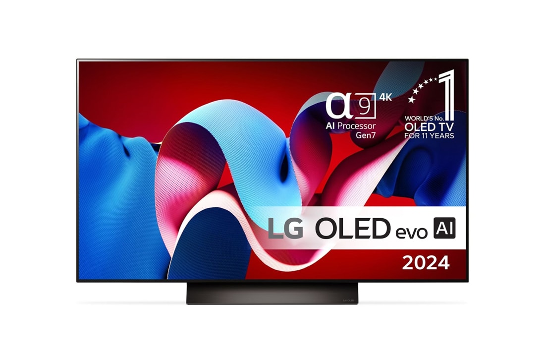 LG 48'' OLED evo AI C4 - 4K TV (2024), Edestäpäin katsottuna LG OLED evo TV, OLED C4, 11 Years of World Number 1 OLED Emblem ja alpha 9 4K AI processor Gen7 logo., OLED48C44LA