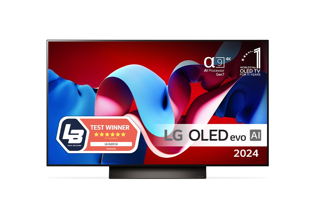 LG 48'' OLED evo AI C4 - 4K TV (2024), Edestäpäin katsottuna LG OLED evo TV, OLED C4, 11 Years of World Number 1 OLED Emblem ja alpha 9 4K AI processor Gen7 logo., OLED48C44LA