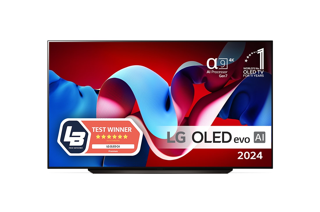 LG 83'' OLED evo AI C4 - 4K TV (2024), Edestäpäin katsottuna LG OLED evo TV, OLED C4, 11 Years of World Number 1 OLED Emblem ja alpha 9 4K AI processor Gen7 logo., OLED83C44LA