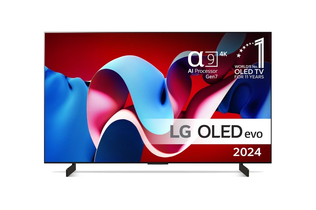 LG 42'' OLED evo C4 - 4K TV (2024), Edestäpäin katsottuna LG OLED evo TV, OLED C4, 11 Years of World Number 1 OLED Emblem ja alpha 9 4K AI processor Gen7 logo., OLED42C44LA