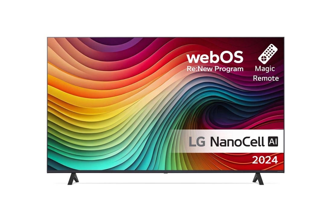 LG 65'' NANO 81 - NanoCell AI 4K Smart TV (2024), LG NanoCell TV:n etunäkymä, NANO81, jossa on teksti LG NanoCell, 2024, webOS Re:New Program -logo ja Magic Remote -kaukosäädin näytöllä, 65NANO81T6A