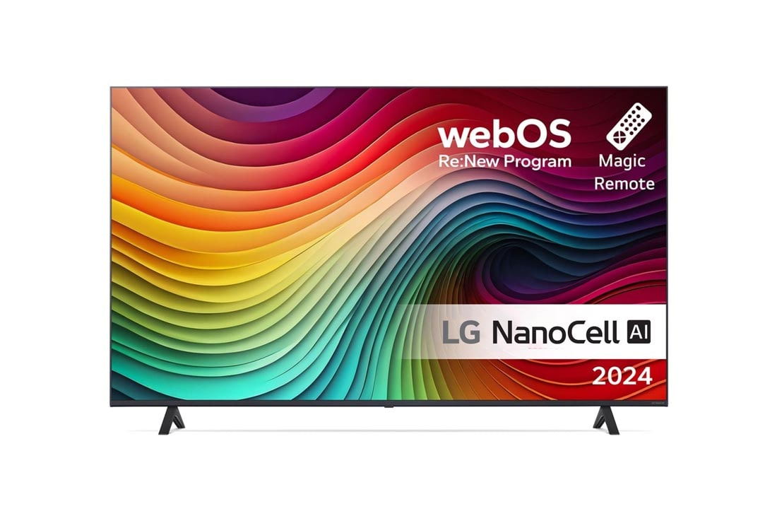 LG 55'' NANO 81 - NanoCell AI 4K Smart TV (2024), LG NanoCell TV:n etunäkymä, NANO81, jossa on teksti LG NanoCell, 2024, webOS Re:New Program -logo ja Magic Remote -kaukosäädin näytöllä, 55NANO81T6A
