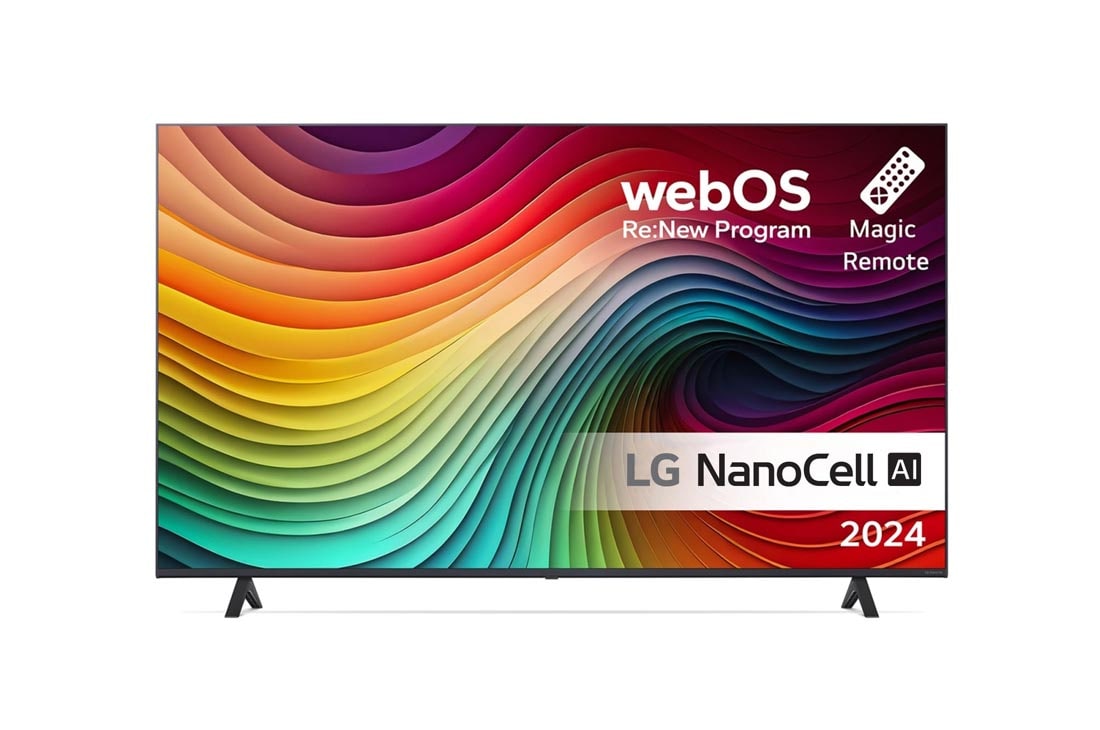 LG 50'' NANO 81 - NanoCell AI 4K Smart TV (2024), LG NanoCell TV:n etunäkymä, NANO81, jossa on teksti LG NanoCell, 2024, webOS Re:New Program -logo ja Magic Remote -kaukosäädin näytöllä, 50NANO81T6A