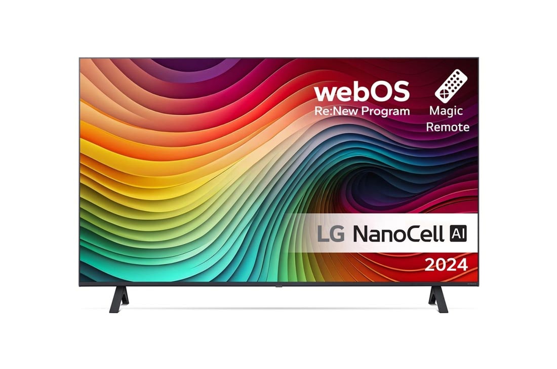 LG 43'' NANO 81 - NanoCell AI 4K Smart TV (2024), LG NanoCell TV:n etunäkymä, NANO81, jossa on teksti LG NanoCell, 2024, webOS Re:New Program -logo ja Magic Remote -kaukosäädin näytöllä, 43NANO81T6A