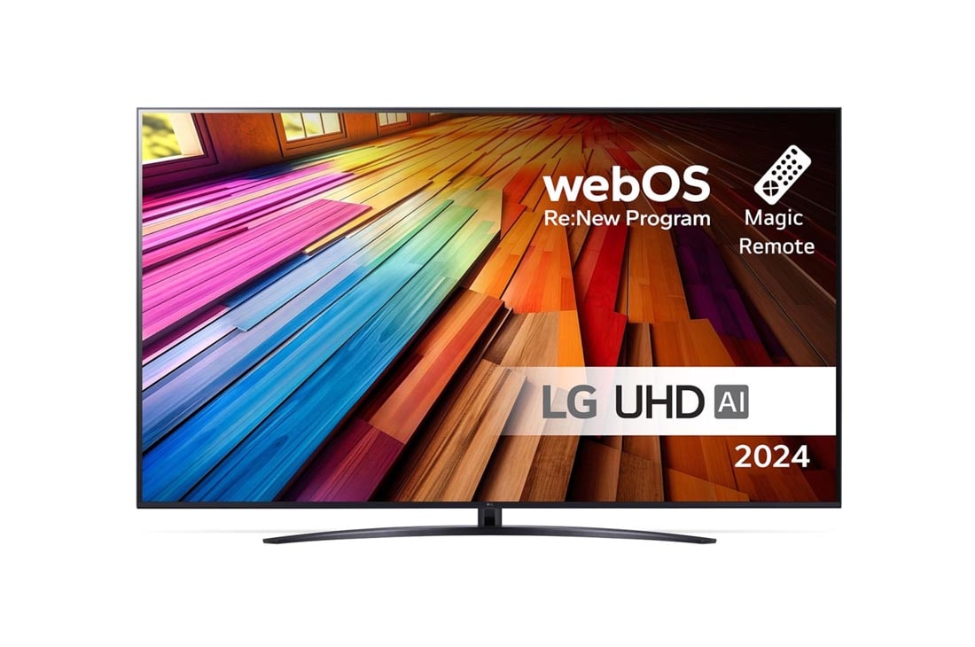 LG 86 tuuman LG UHD AI UT81 4K -Smart TV 2024, Edestä otettu kuva LG UHD TV, UT81 -televisiosta ja teksti LG UHD AI ThinQ, 2024 sekä webOS Re:New Program -logo näytöllä, 86UT81006LA