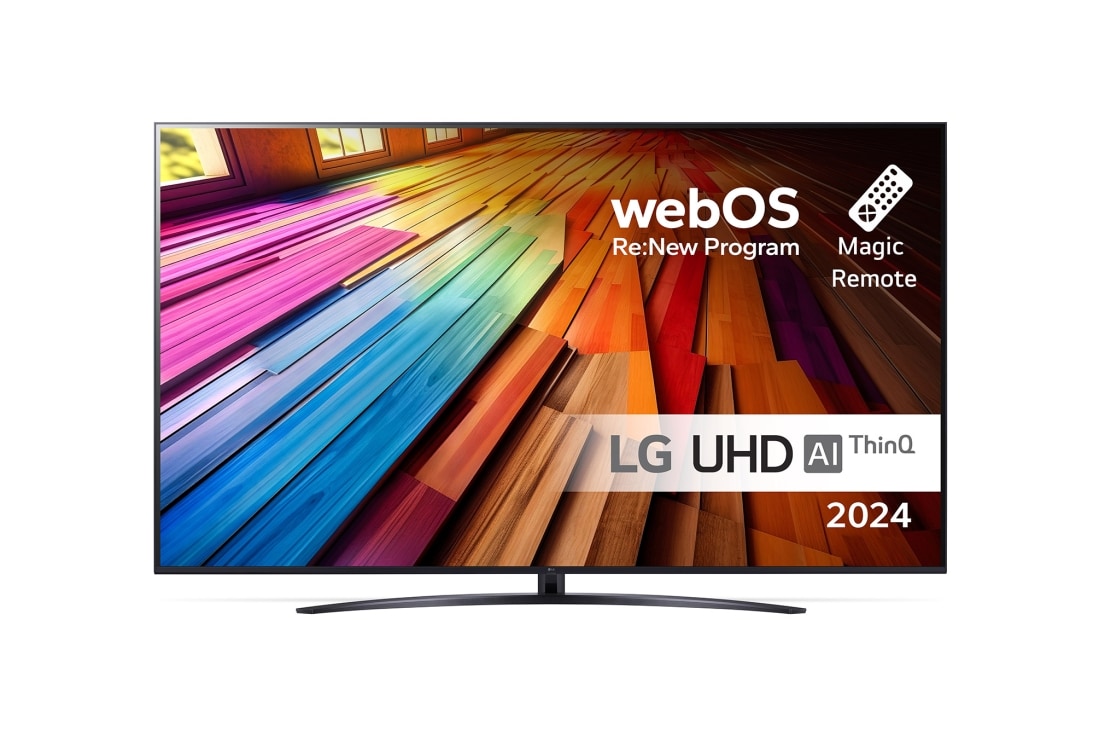 LG 65 tuuman LG UHD UT81 4K -Smart TV 2024, Edestä otettu kuva LG UHD TV, UT81 -televisiosta ja teksti LG UHD AI ThinQ, 2024 sekä webOS Re:New Program -logo näytöllä, 65UT81006LA
