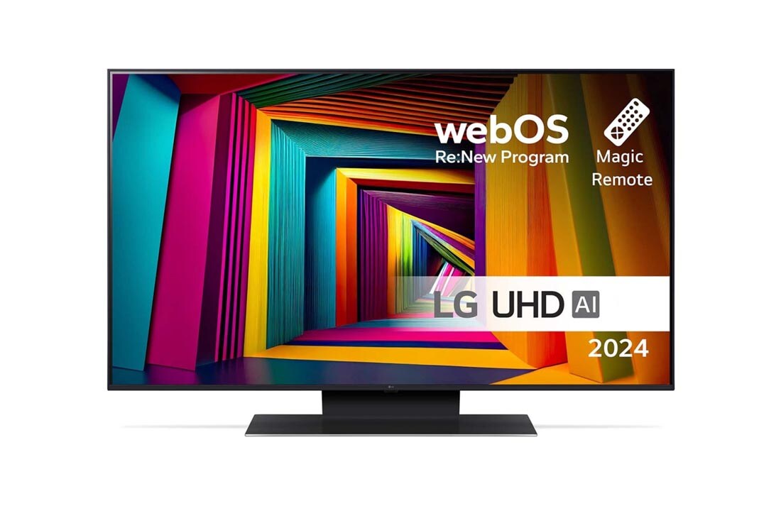 LG 43'' UHD AI UT91 - 4K TV (2024), Edestä otettu kuva LG UHD TV, UT91 -televisiosta ja teksti LG UHD AI ThinQ, 2024 sekä webOS Re:New Program -logo näytöllä, 43UT91006LA