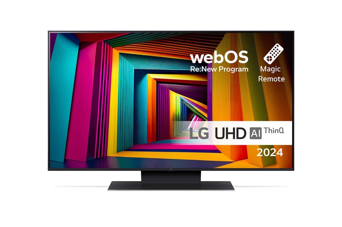 LG 43'' UHD UT91 - 4K TV (2024), Edestä otettu kuva LG UHD TV, UT91 -televisiosta ja teksti LG UHD AI ThinQ, 2024 sekä webOS Re:New Program -logo näytöllä, 43UT91006LA