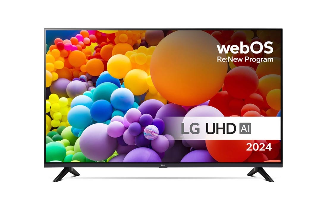 LG 55'' UHD AI UT73 - 4K TV (2024), Edestä otettu kuva LG UHD TV, UT73 -televisiosta ja teksti LG UHD AI ThinQ, 2024 sekä webOS Re:New Program -logo näytöllä, 55UT73006LA