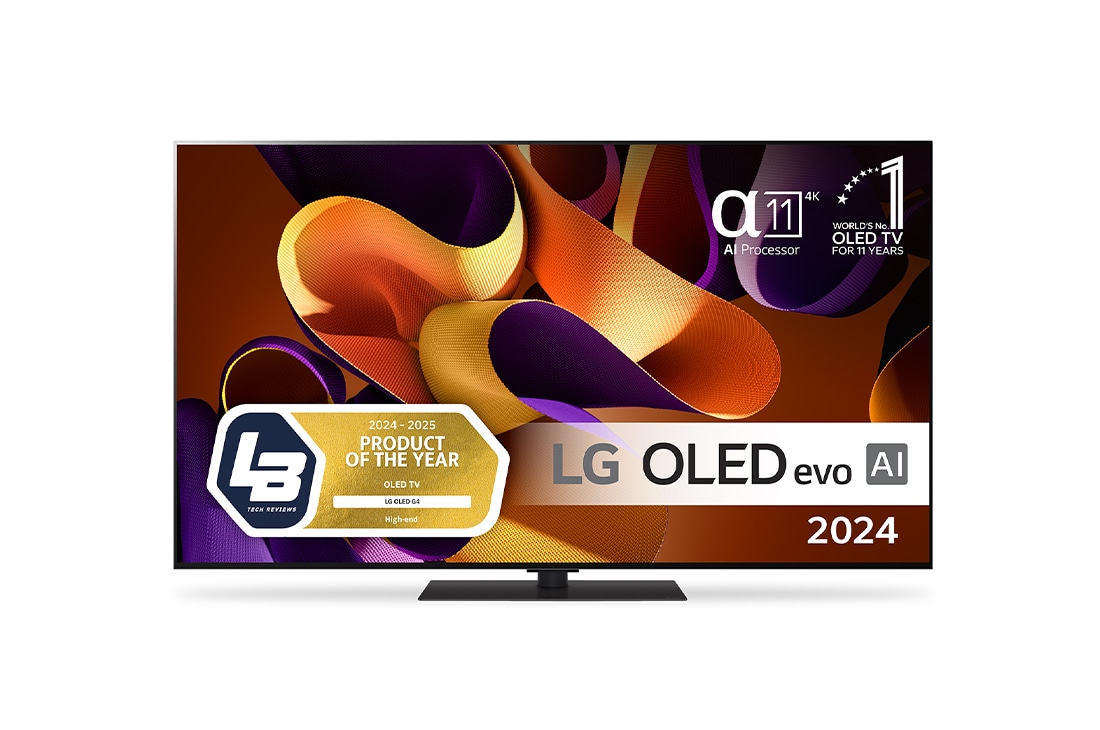 LG 65'' OLED evo AI G4 - 4K TV (2024), Edestäpäin katsottuna LG OLED evo TV, OLED G4, 11 Years of world number 1 OLED Emblem ja alpha 11 4K AI -prosessorin logo., OLED65G46LS