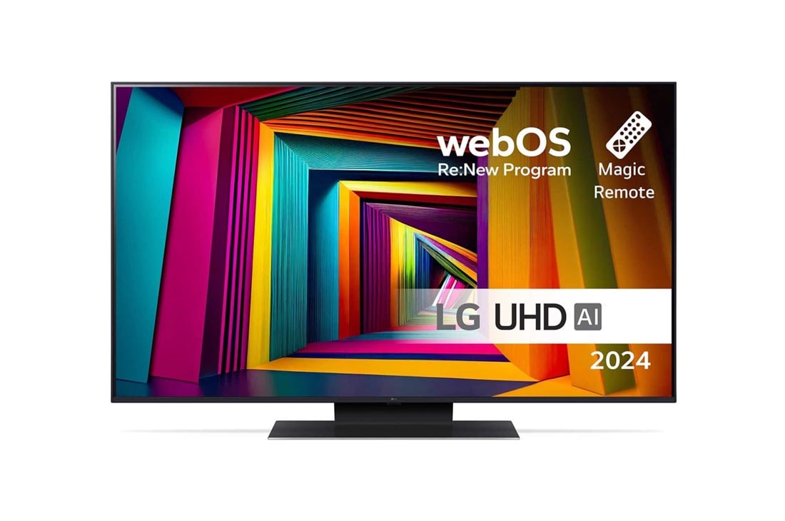 LG 50'' UHD AI UT91 - 4K TV (2024), Edestä otettu kuva LG UHD TV, UT91 -televisiosta ja teksti LG UHD AI ThinQ, 2024 sekä webOS Re:New Program -logo näytöllä, 50UT91006LA