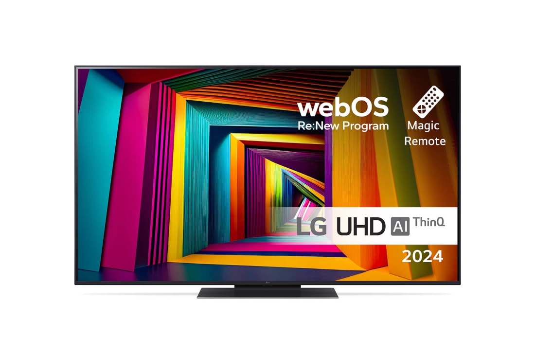 LG 55'' UHD UT91 - 4K TV (2024), Edestä otettu kuva LG UHD TV, UT91 -televisiosta ja teksti LG UHD AI ThinQ, 2024 sekä webOS Re:New Program -logo näytöllä, 55UT91006LA