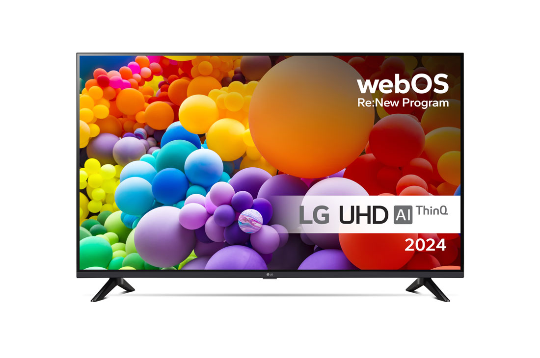 LG 43'' UHD UT73 - 4K TV (2024), Edestä otettu kuva LG UHD TV, UT73 -televisiosta ja teksti LG UHD AI ThinQ, 2024 sekä webOS Re:New Program -logo näytöllä, 43UT73006LA