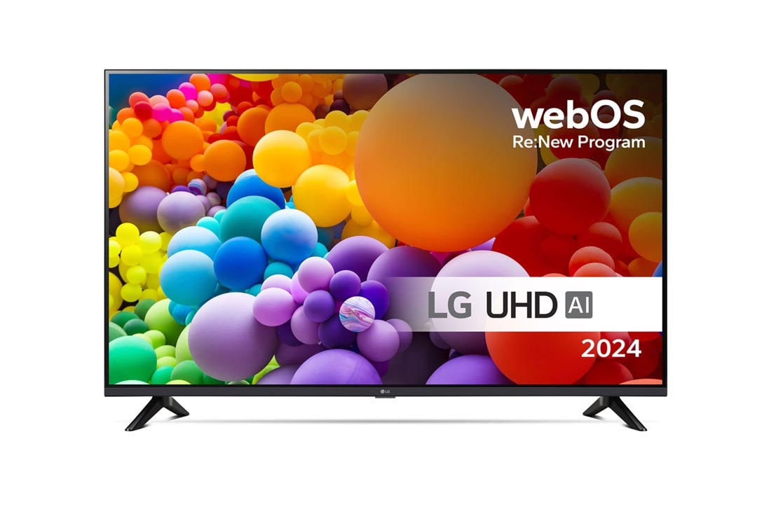 LG 43'' UHD AI UT73 - 4K TV (2024), Edestä otettu kuva LG UHD TV, UT73 -televisiosta ja teksti LG UHD AI ThinQ, 2024 sekä webOS Re:New Program -logo näytöllä, 43UT73006LA