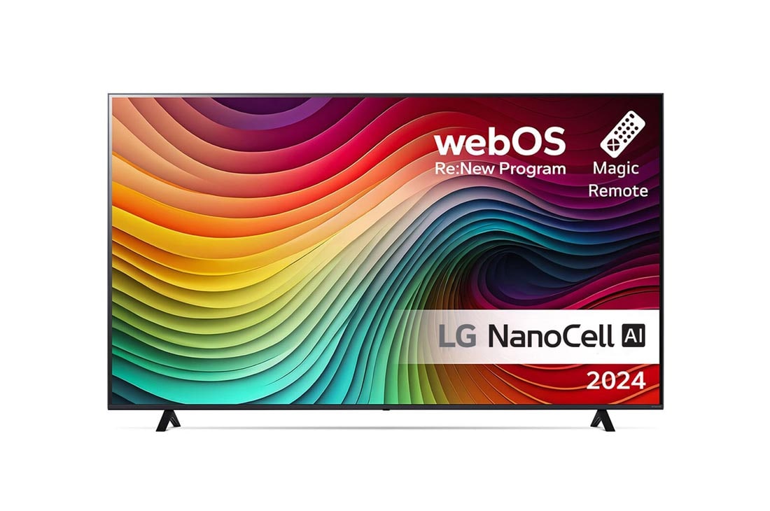 LG 75'' NANO 81 - NanoCell AI 4K Smart TV (2024), LG NanoCell TV:n etunäkymä, NANO81, jossa on teksti LG NanoCell, 2024, webOS Re:New Program -logo ja Magic Remote -kaukosäädin näytöllä, 75NANO81T6A