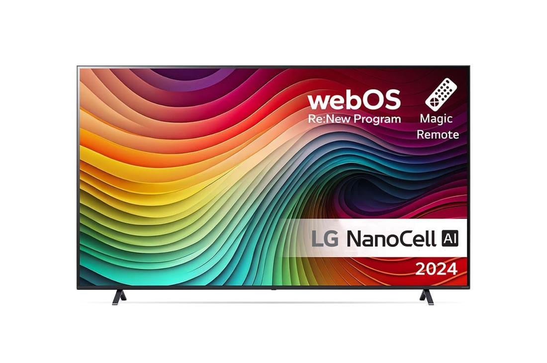 LG 86'' NANO 81 - NanoCell AI 4K Smart TV (2024), LG NanoCell TV:n etunäkymä, NANO81, jossa on teksti LG NanoCell, 2024, webOS Re:New Program -logo ja Magic Remote -kaukosäädin näytöllä, 86NANO81T6A