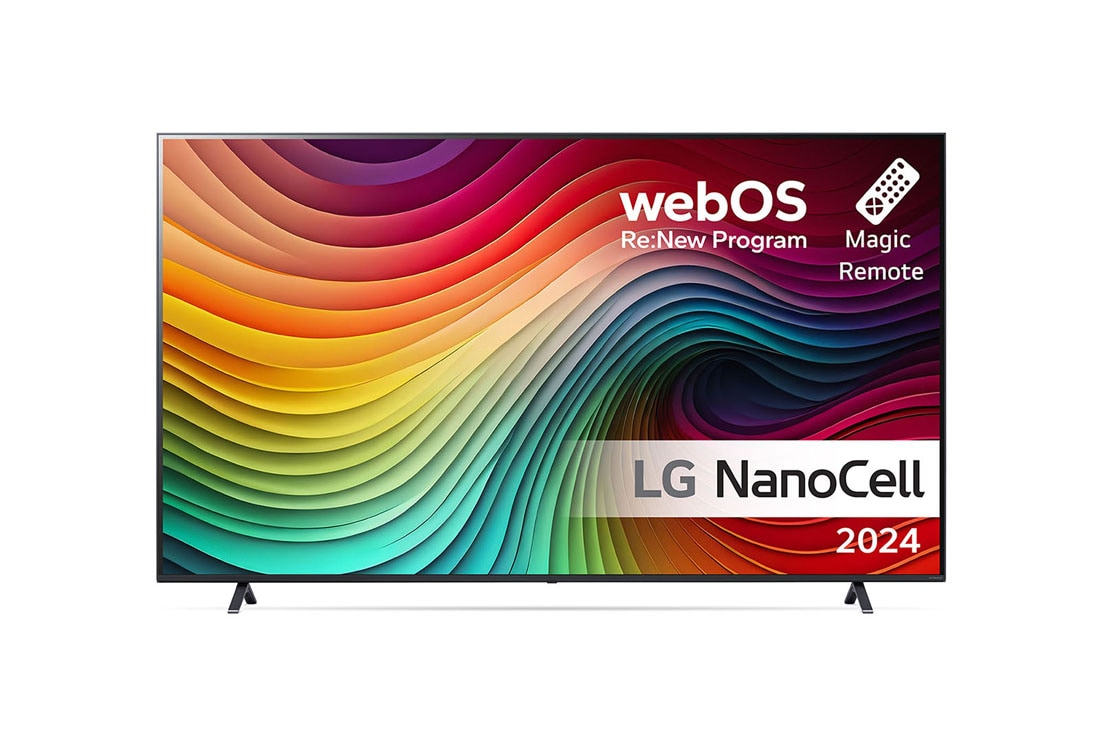 LG 86'' NANO 81 - NanoCell 4K Smart TV (2024), LG NanoCell TV:n etunäkymä, NANO81, jossa on teksti LG NanoCell, 2024, webOS Re:New Program -logo ja Magic Remote -kaukosäädin näytöllä, 86NANO81T6A