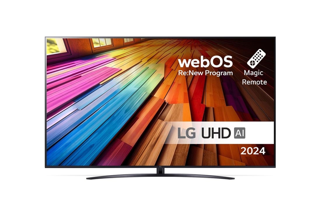 LG 65 tuuman LG UHD AI UT81 4K -Smart TV 2024, Edestä otettu kuva LG UHD TV, UT81 -televisiosta ja teksti LG UHD AI ThinQ, 2024 sekä webOS Re:New Program -logo näytöllä, 65UT81006LA