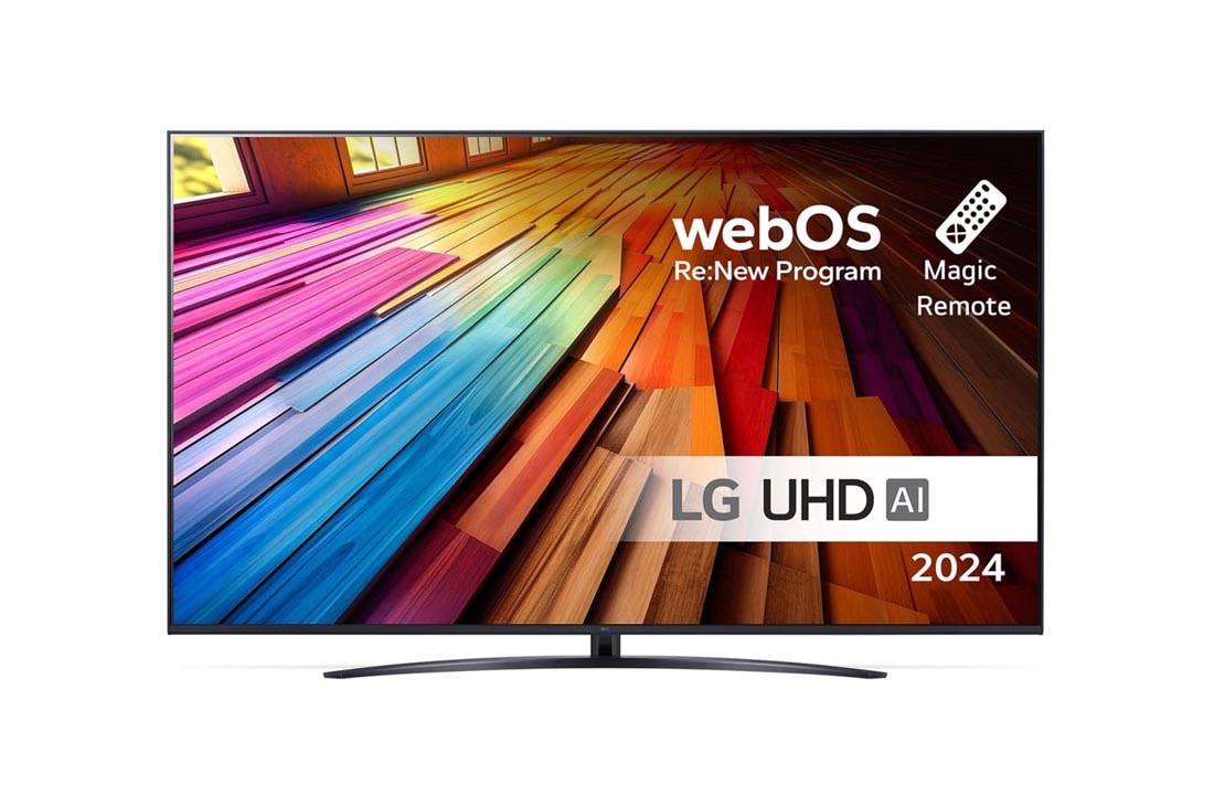 LG 75 tuuman LG UHD AI UT81 4K -Smart TV 2024, Edestä otettu kuva LG UHD TV, UT81 -televisiosta ja teksti LG UHD AI ThinQ, 2024 sekä webOS Re:New Program -logo näytöllä, 75UT81006LA