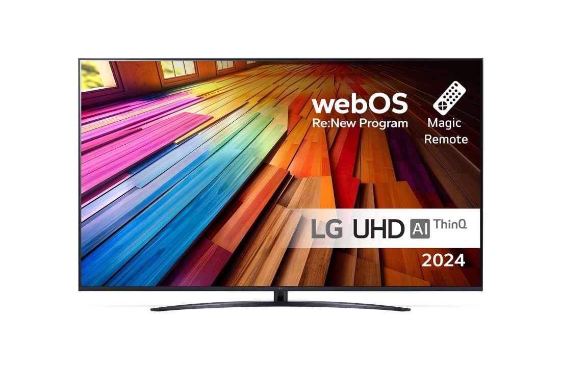 LG 75 tuuman LG UHD UT81 4K -Smart TV 2024, Edestä otettu kuva LG UHD TV, UT81 -televisiosta ja teksti LG UHD AI ThinQ, 2024 sekä webOS Re:New Program -logo näytöllä, 75UT81006LA