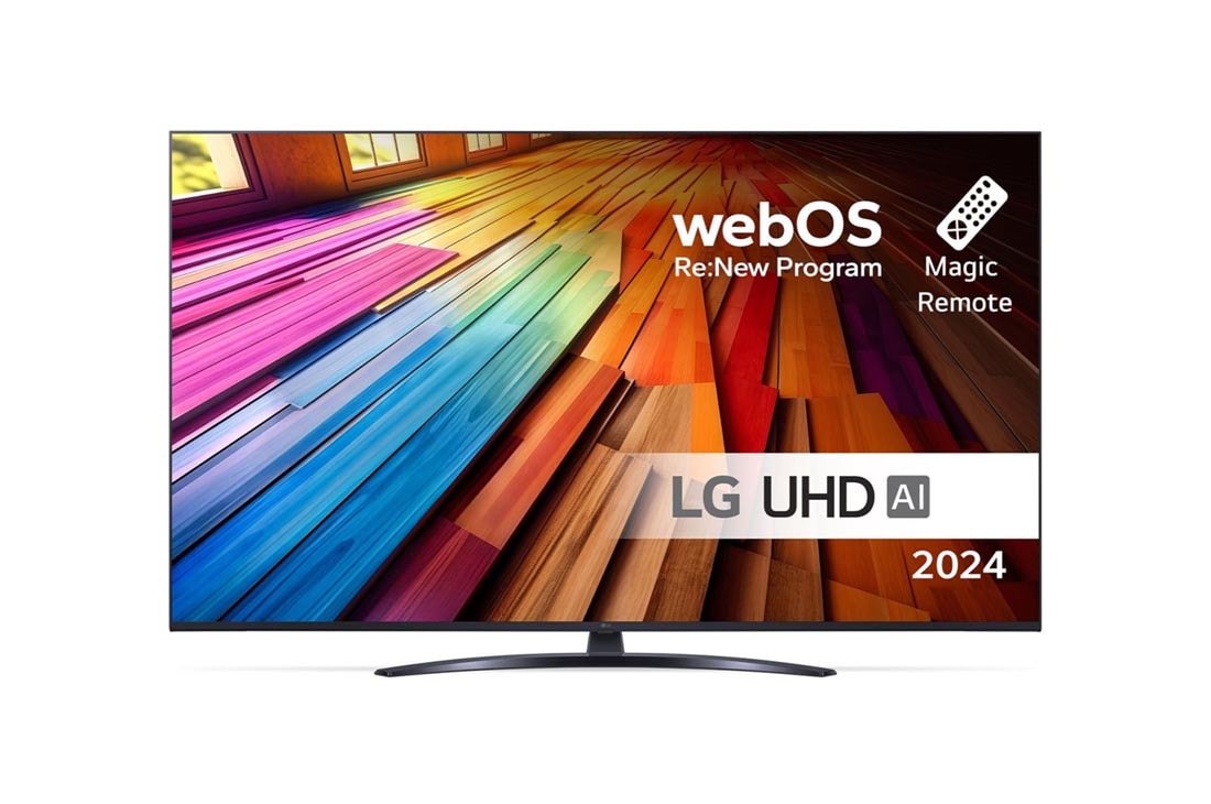 LG 55 tuuman LG UHD AI UT81 4K -Smart TV 2024, Edestä otettu kuva LG UHD TV, UT81 -televisiosta ja teksti LG UHD AI ThinQ, 2024 sekä webOS Re:New Program -logo näytöllä, 55UT81006LA