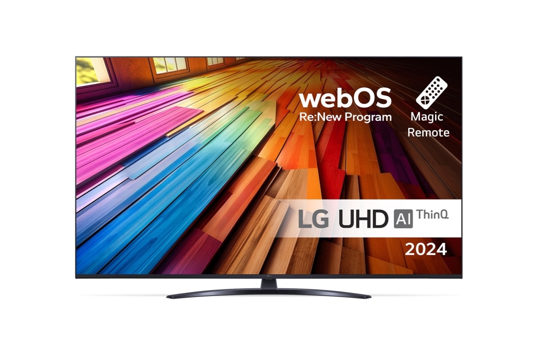 LG 55 tuuman LG UHD UT81 4K -Smart TV 2024, Edestä otettu kuva LG UHD TV, UT81 -televisiosta ja teksti LG UHD AI ThinQ, 2024 sekä webOS Re:New Program -logo näytöllä, 55UT81006LA