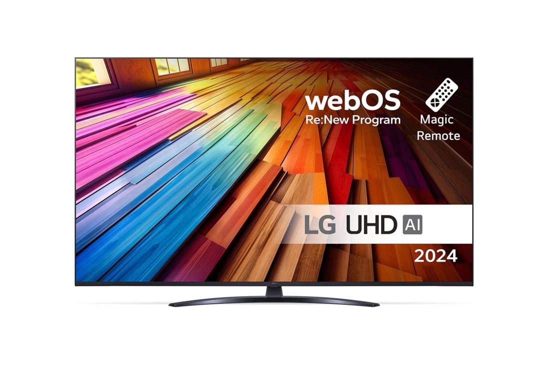 LG 50 tuuman LG UHD AI UT81 4K -Smart TV 2024, Edestä otettu kuva LG UHD TV, UT81 -televisiosta ja teksti LG UHD AI ThinQ, 2024 sekä webOS Re:New Program -logo näytöllä, 50UT81006LA