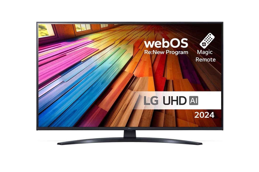 LG 43 tuuman LG UHD AI UT81 4K -Smart TV 2024, Edestä otettu kuva LG UHD TV, UT81 -televisiosta ja teksti LG UHD AI ThinQ, 2024 sekä webOS Re:New Program -logo näytöllä, 43UT81006LA