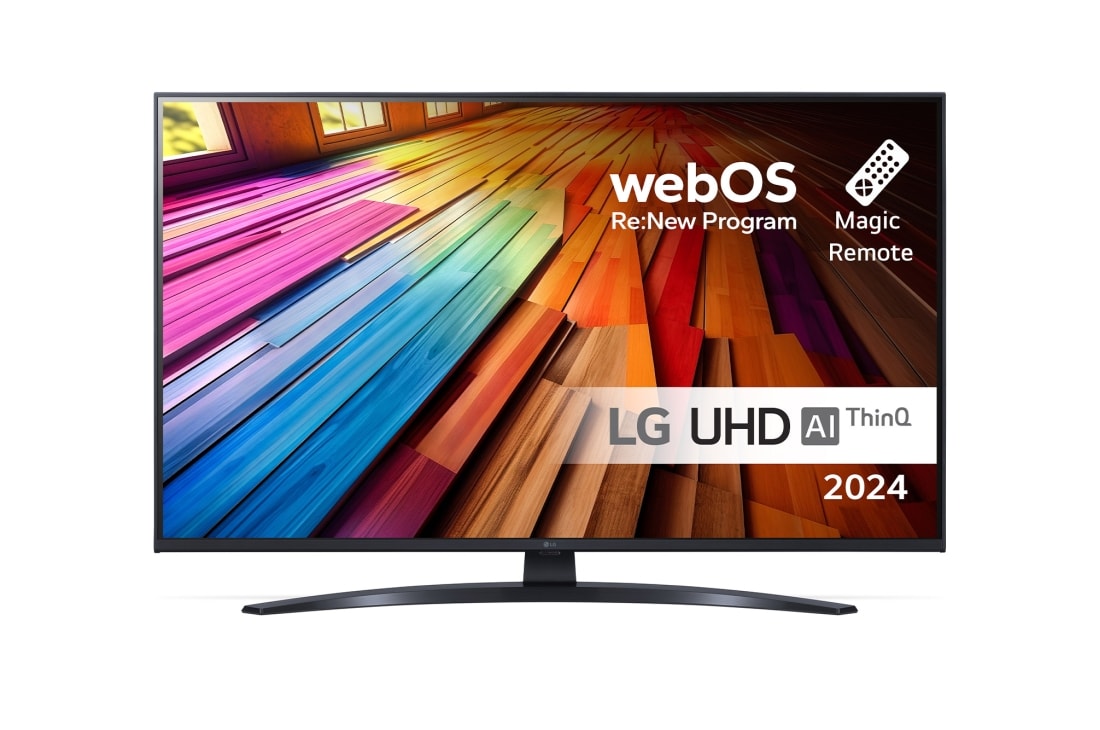 LG 43 tuuman LG UHD UT81 4K -Smart TV 2024, Edestä otettu kuva LG UHD TV, UT81 -televisiosta ja teksti LG UHD AI ThinQ, 2024 sekä webOS Re:New Program -logo näytöllä, 43UT81006LA