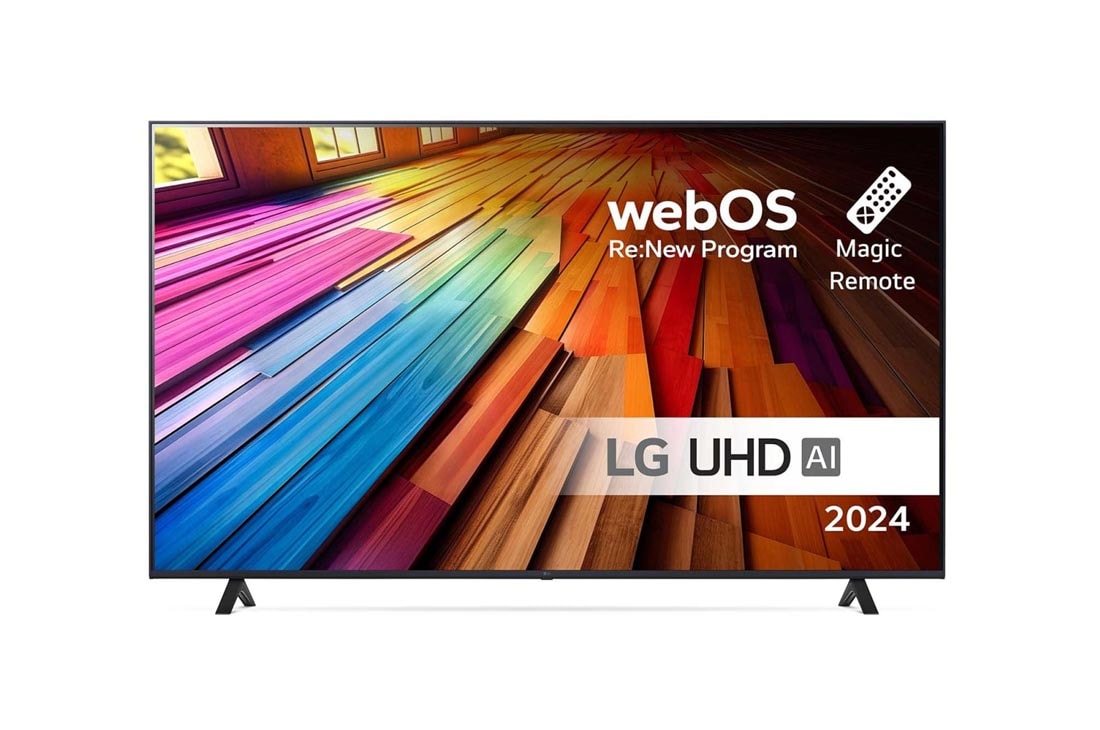 LG 65 tuuman LG UHD AI UT80 4K -Smart TV 2024, Edestä otettu kuva LG UHD TV, UT81 -televisiosta ja teksti LG UHD AI ThinQ, 2024 sekä webOS Re:New Program -logo näytöllä, 65UT80006LA