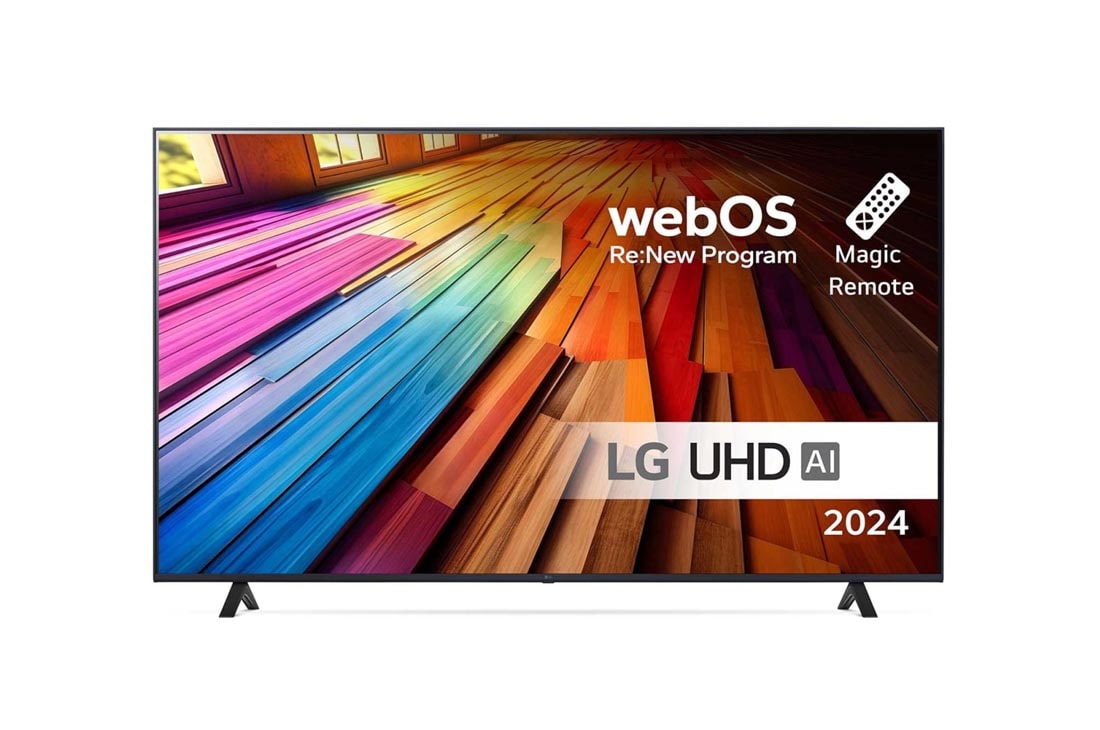 LG 55 tuuman LG UHD AI UT80 4K -Smart TV 2024, Edestä otettu kuva LG UHD TV, UT81 -televisiosta ja teksti LG UHD AI ThinQ, 2024 sekä webOS Re:New Program -logo näytöllä, 55UT80006LA