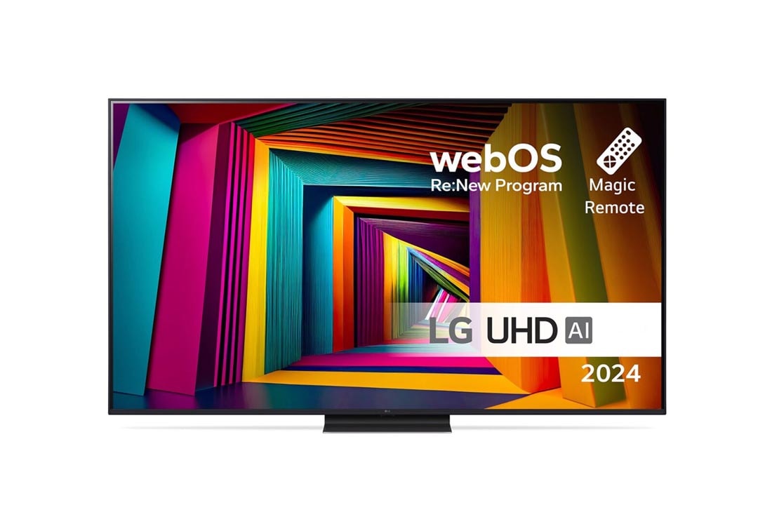 LG 75'' UHD AI UT91 - 4K TV (2024), Edestä otettu kuva LG UHD TV, UT91 -televisiosta ja teksti LG UHD AI ThinQ, 2024 sekä webOS Re:New Program -logo näytöllä, 75UT91006LA