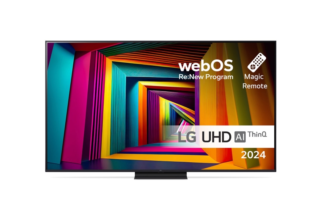 LG 75'' UHD UT91 - 4K TV (2024), Edestä otettu kuva LG UHD TV, UT91 -televisiosta ja teksti LG UHD AI ThinQ, 2024 sekä webOS Re:New Program -logo näytöllä, 75UT91006LA