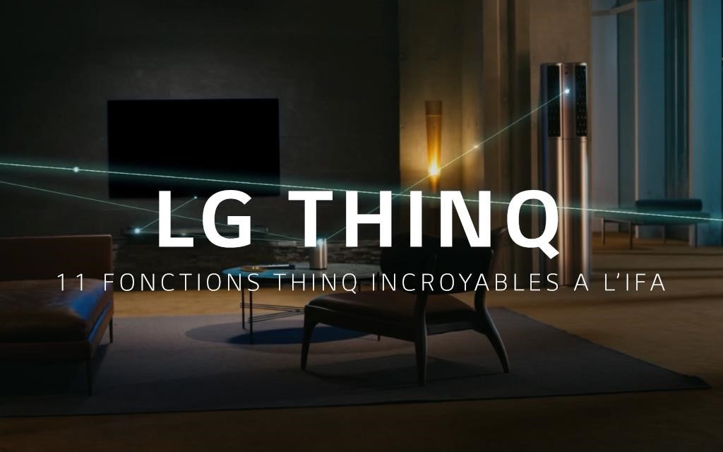 LG ThinQ en action dans un salon sombre avec le climatiseur, la télévision ou encore le purificateur d’air, travaillant en harmonie grâce à l’intelligence artificielle.