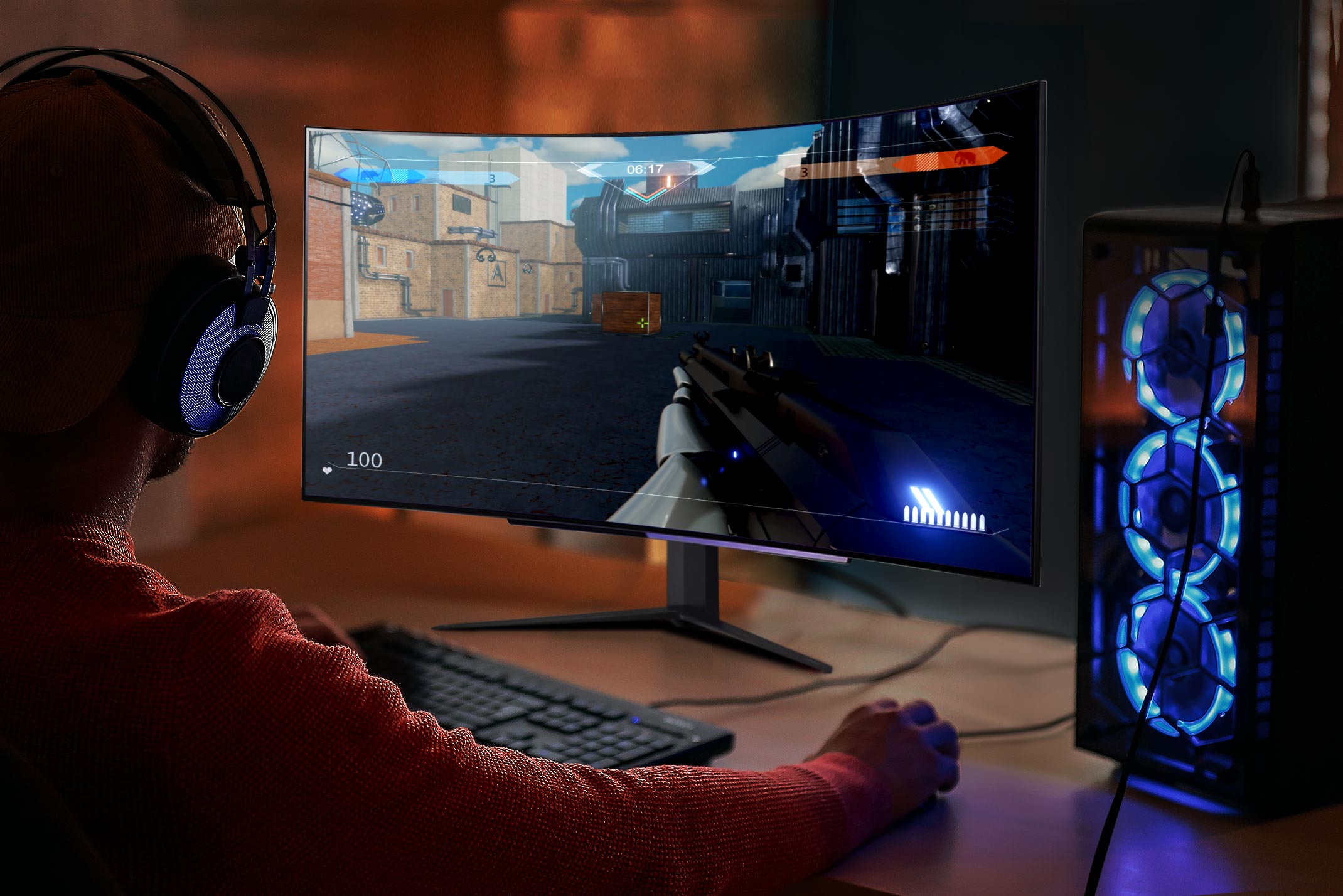 With a huge 45” display, 21:9 aspect ratio and a dramatic curved OLED screen, you’ll feel like you’re actually in the game. LG gaming monitor.