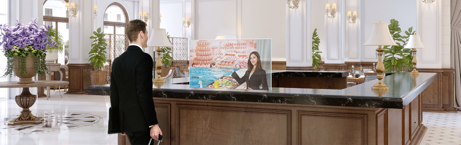 A man is getting information through the Transparent OLED Signage screen showing photos of the dessert menu.