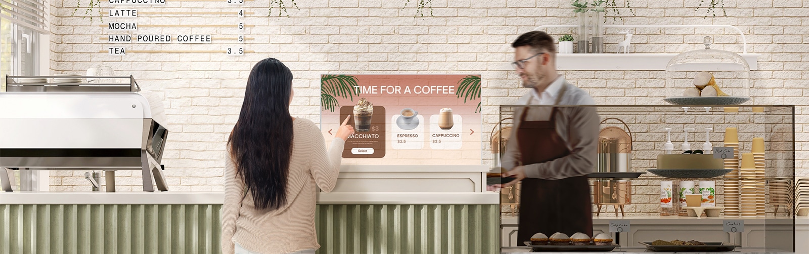 At a café, a woman is selecting from the menu by touching the Transparent OLED Signage screen.